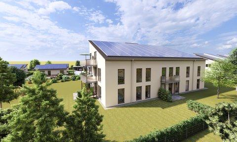Energieautarkes Mehrfamilienhaus aus der Vogelperspektive Energieautarkes Mehrfamilienhaus aus der Vogelperspektive